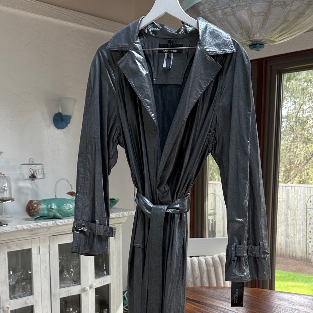 Jones New York Metallic Black Trench Coat with Self Tie